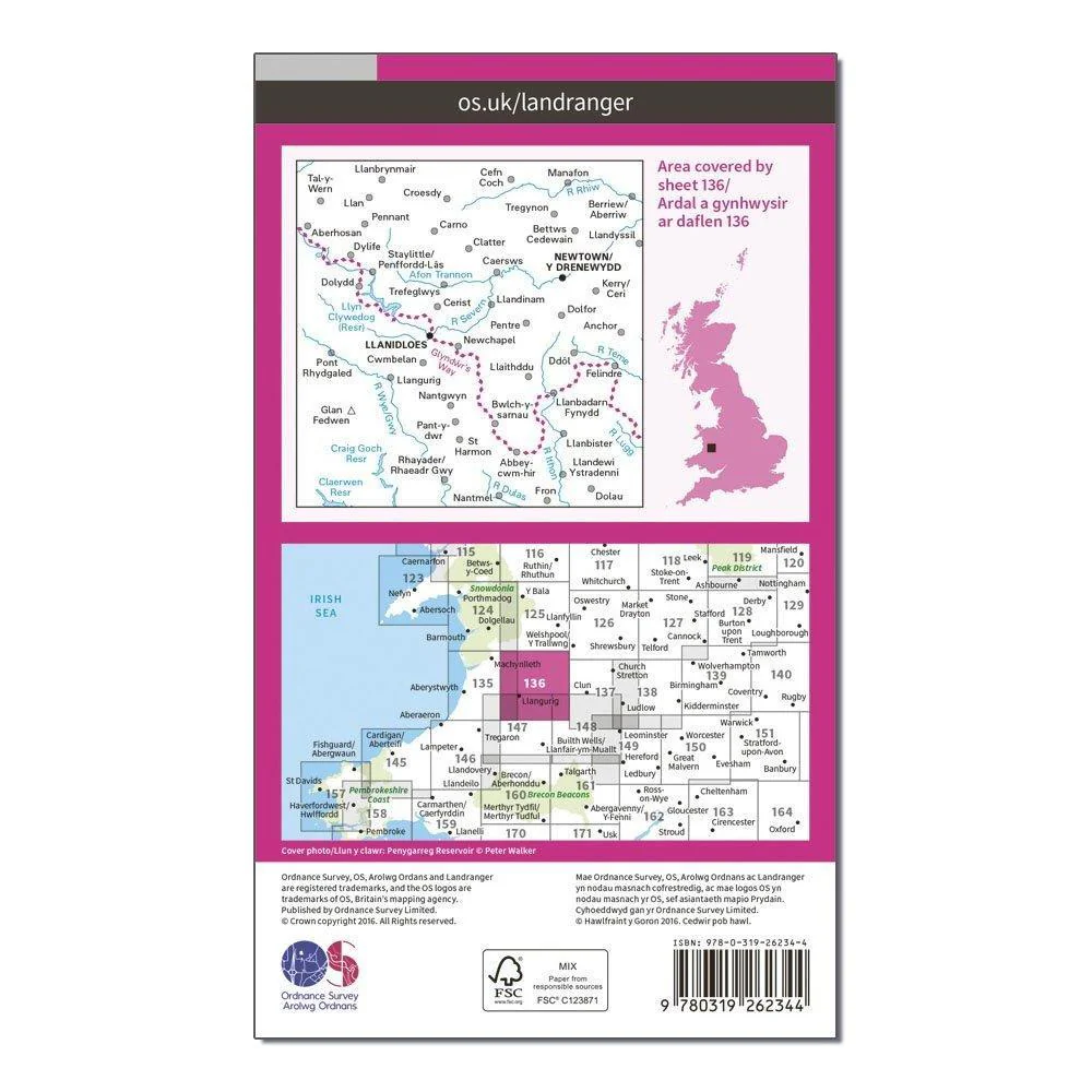 OS Landranger 136 Newtown & Llanidloes Map - Image 2