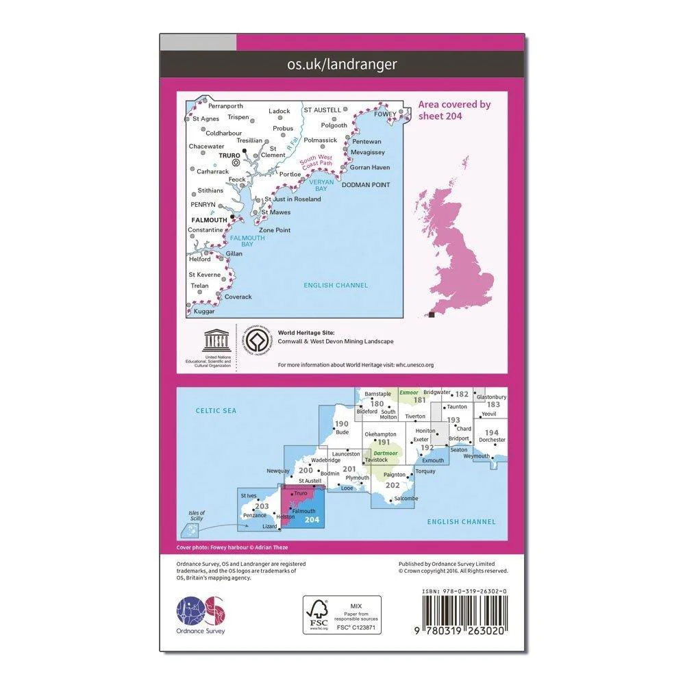 OS Landranger 204 Truro  Falmouth Roseland Peninsula Map - Image 2